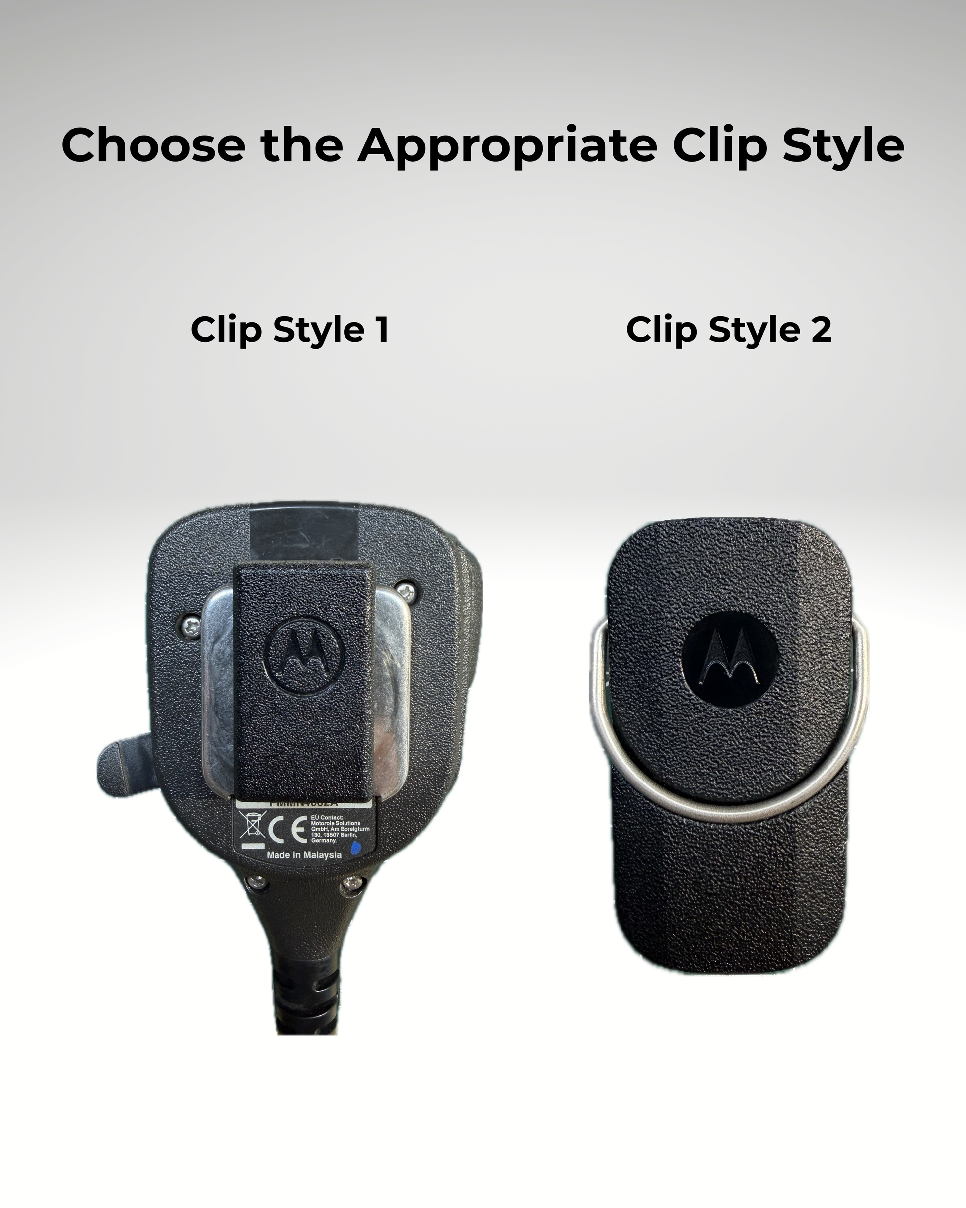 Two Motorola clips labeled 'Clip Style 1' and 'Clip Style 2' on a gray background.