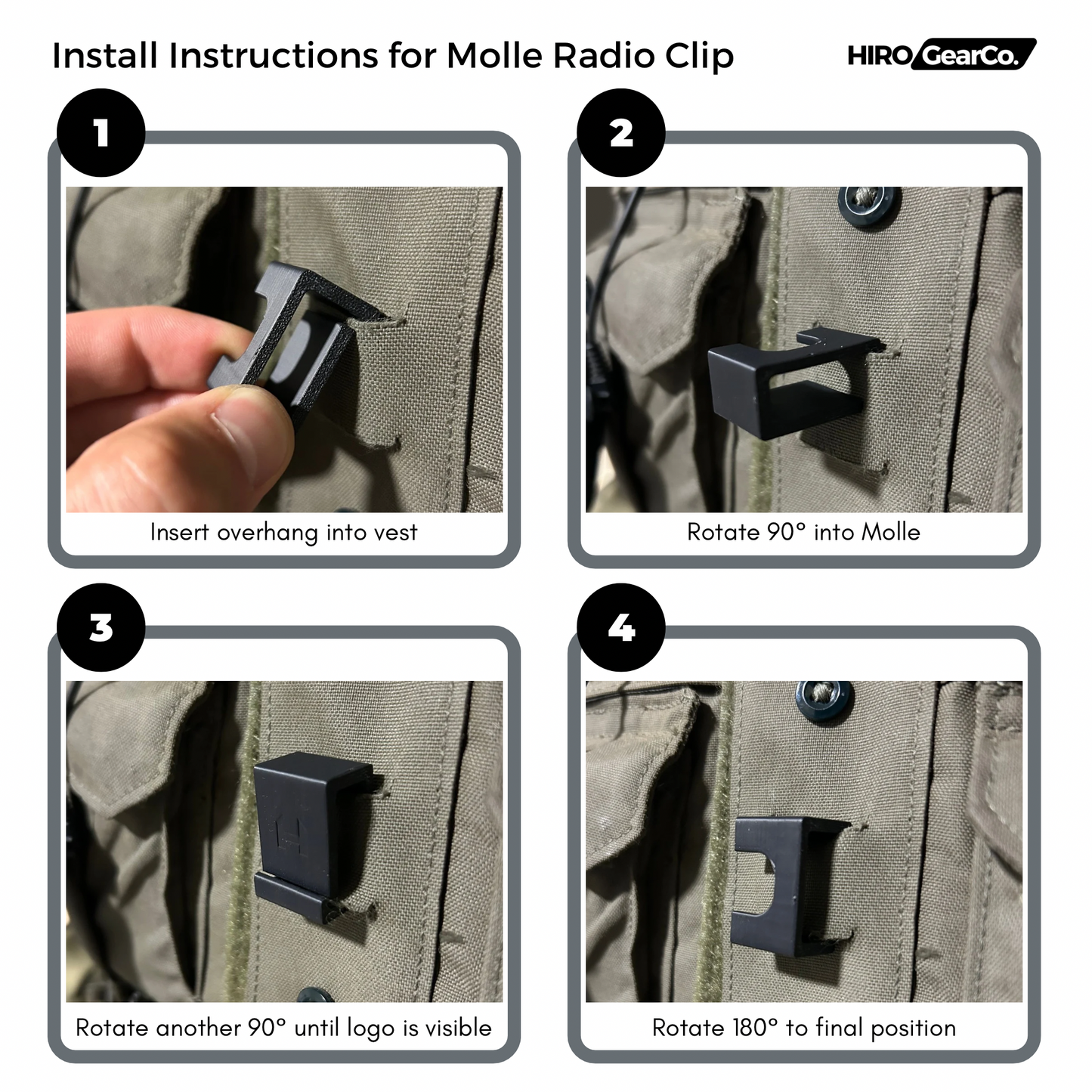 Step-by-step installation instructions for a Molle radio clip with HIRO GearCo branding.